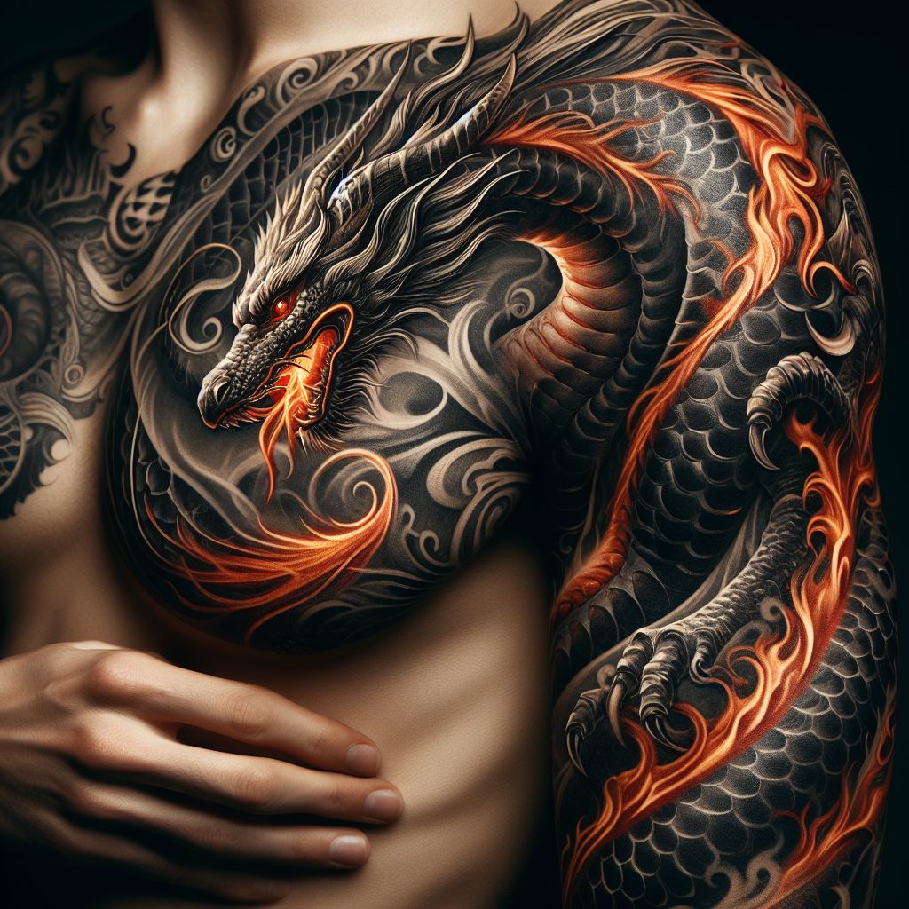 A powerful, fiery dragon coiled around the shoulder, its body wrapping down the arm. The dragon is intricately detailed, with scales, claws, and flames that seem to come to life on the skin. This tattoo symbolizes strength, power, and the mystical qualities of mythical beasts.