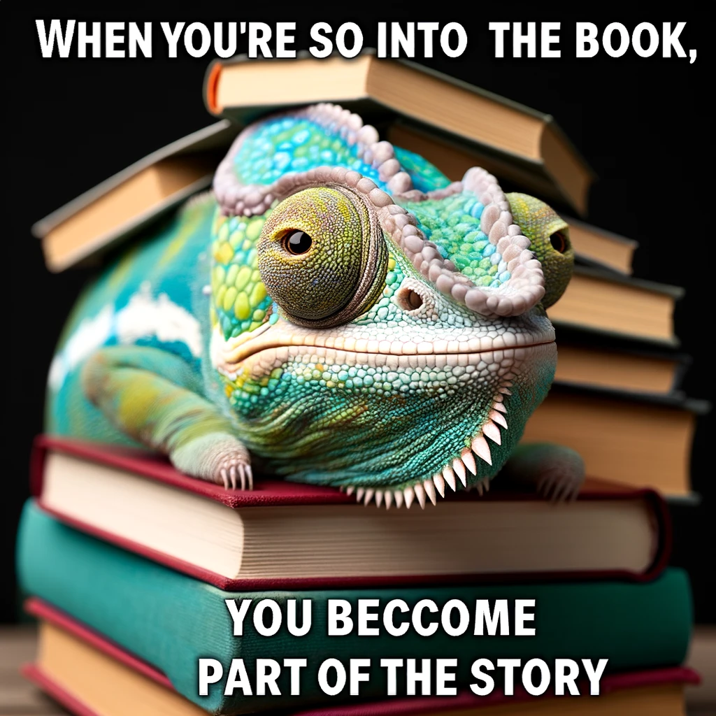 A comedic meme of a chameleon blending into a stack of books, with just its eyes visible, captioned "When you're so into the book, you become part of the story."