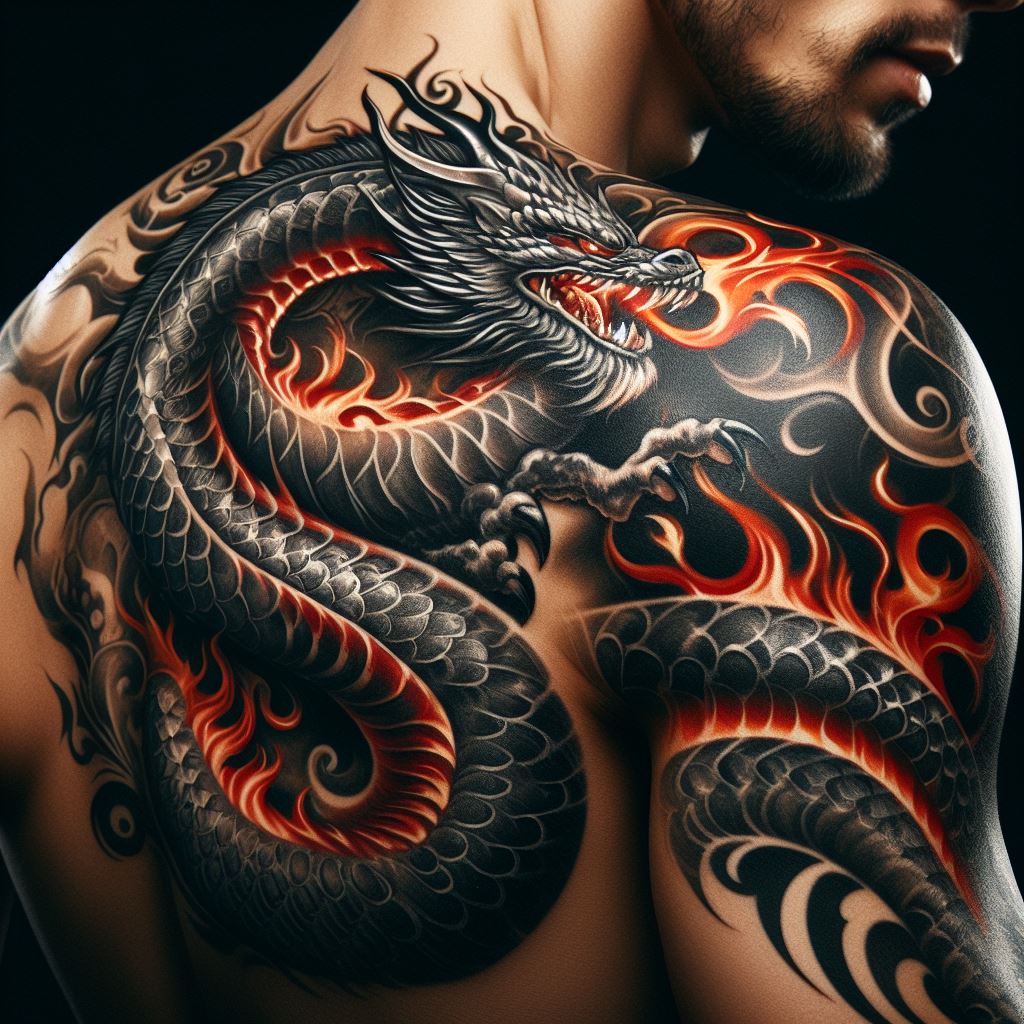 A powerful, fiery dragon coiled around the shoulder, its body wrapping down the arm. The dragon is intricately detailed, with scales, claws, and flames that seem to come to life on the skin. This tattoo symbolizes strength, power, and the mystical qualities of mythical beasts.