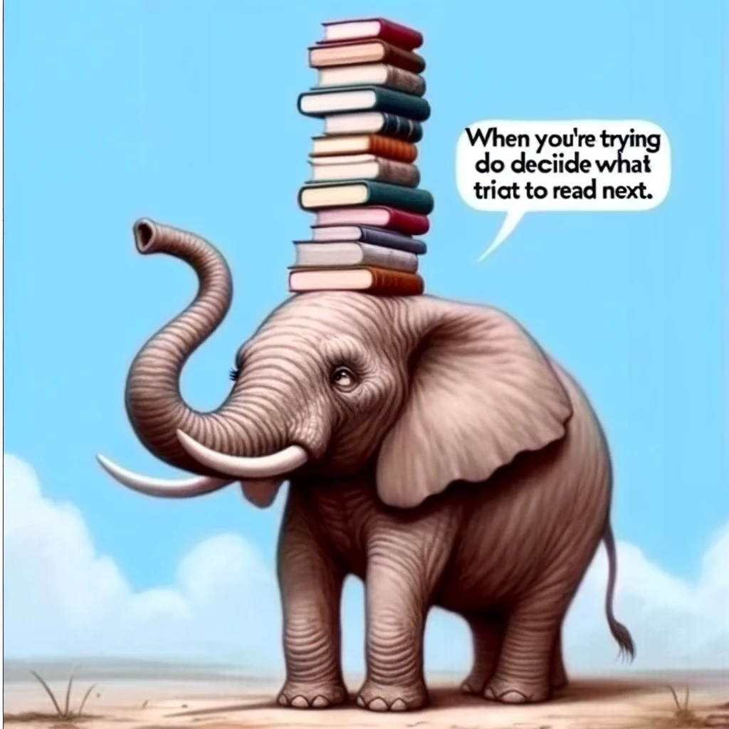 A light-hearted meme of an elephant balancing a stack of books on its trunk, with a thoughtful expression, captioned "When you're trying to decide what to read next."