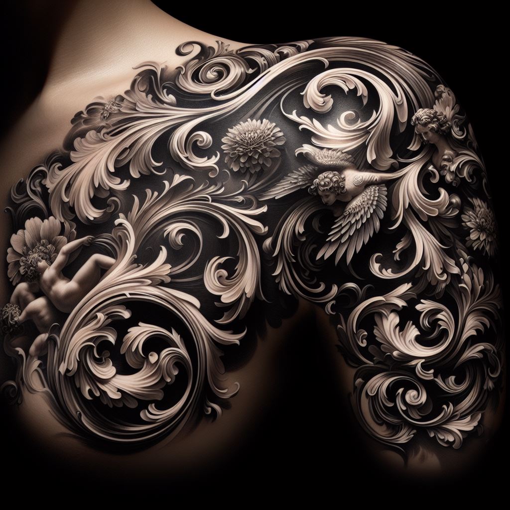 An elaborate tattoo inspired by the ornate art and architecture of the Baroque period, featuring swirling floral designs, cherubs, and dramatic lighting effects. The design flows elegantly over the shoulder, creating a sense of movement and extravagance that is characteristic of the Baroque style.