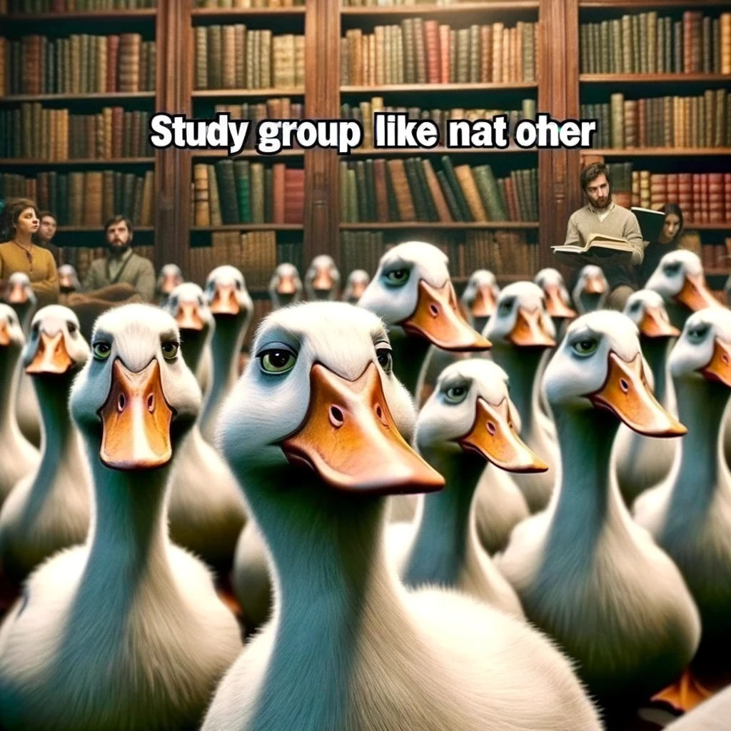 A quirky meme of a group of ducks in a library, each with a book, looking serious, with the caption "Study group like no other."