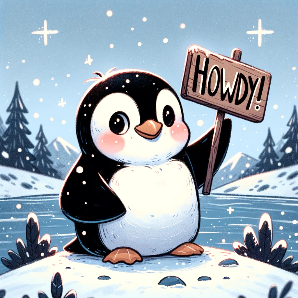 A digital drawing of a penguin holding a sign that says "Howdy!" with a snowy background, embodying a welcoming and friendly atmosphere.