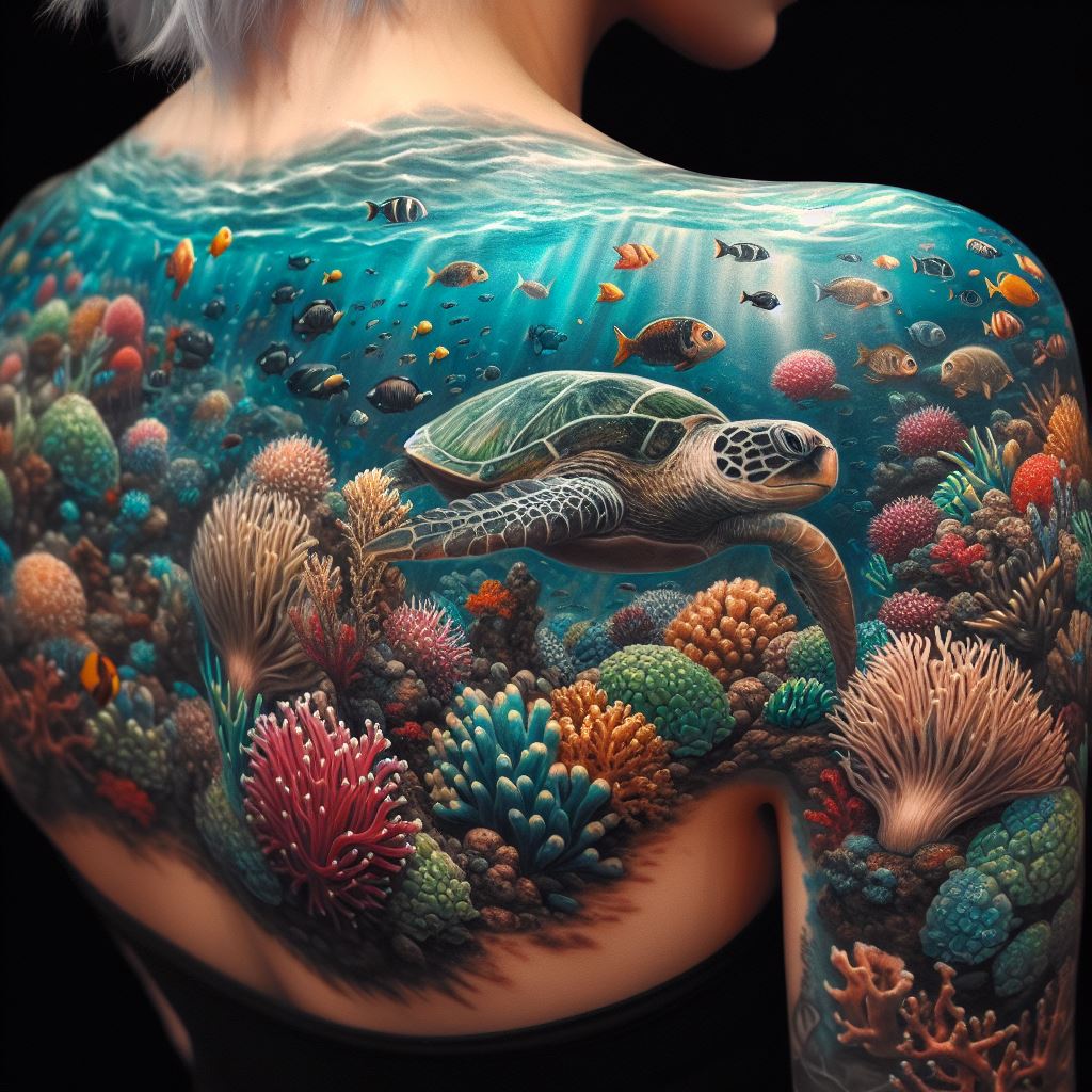 An immersive underwater scene that spans the shoulder, showcasing a coral reef bustling with marine life, including colorful fish, turtles, and anemones. The tattoo is a vibrant exploration of life beneath the sea, with every detail meticulously rendered to create a sense of depth and wonder.