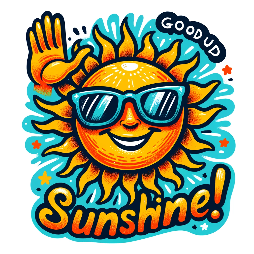 A vibrant illustration of a smiling sun with sunglasses, waving with the caption "Good day, sunshine!" in a playful and bright style.