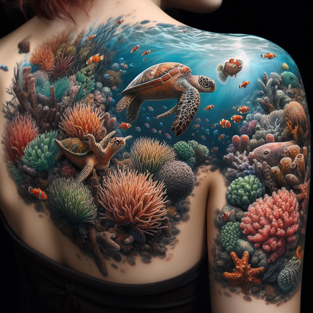 An immersive underwater scene that spans the shoulder, showcasing a coral reef bustling with marine life, including colorful fish, turtles, and anemones. The tattoo is a vibrant exploration of life beneath the sea, with every detail meticulously rendered to create a sense of depth and wonder.