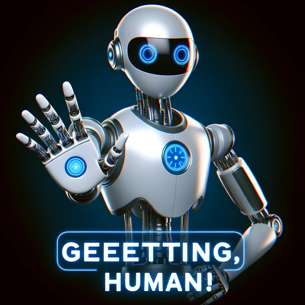 An image of a friendly robot extending its hand for a handshake, with the caption "Greetings, human!" in a futuristic, welcoming style.