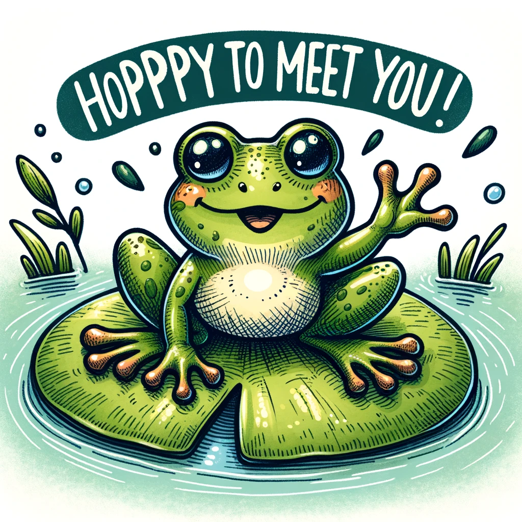 A whimsical drawing of a frog on a lilypad, waving with the caption "Hoppy to meet you!" in a charming and playful style.