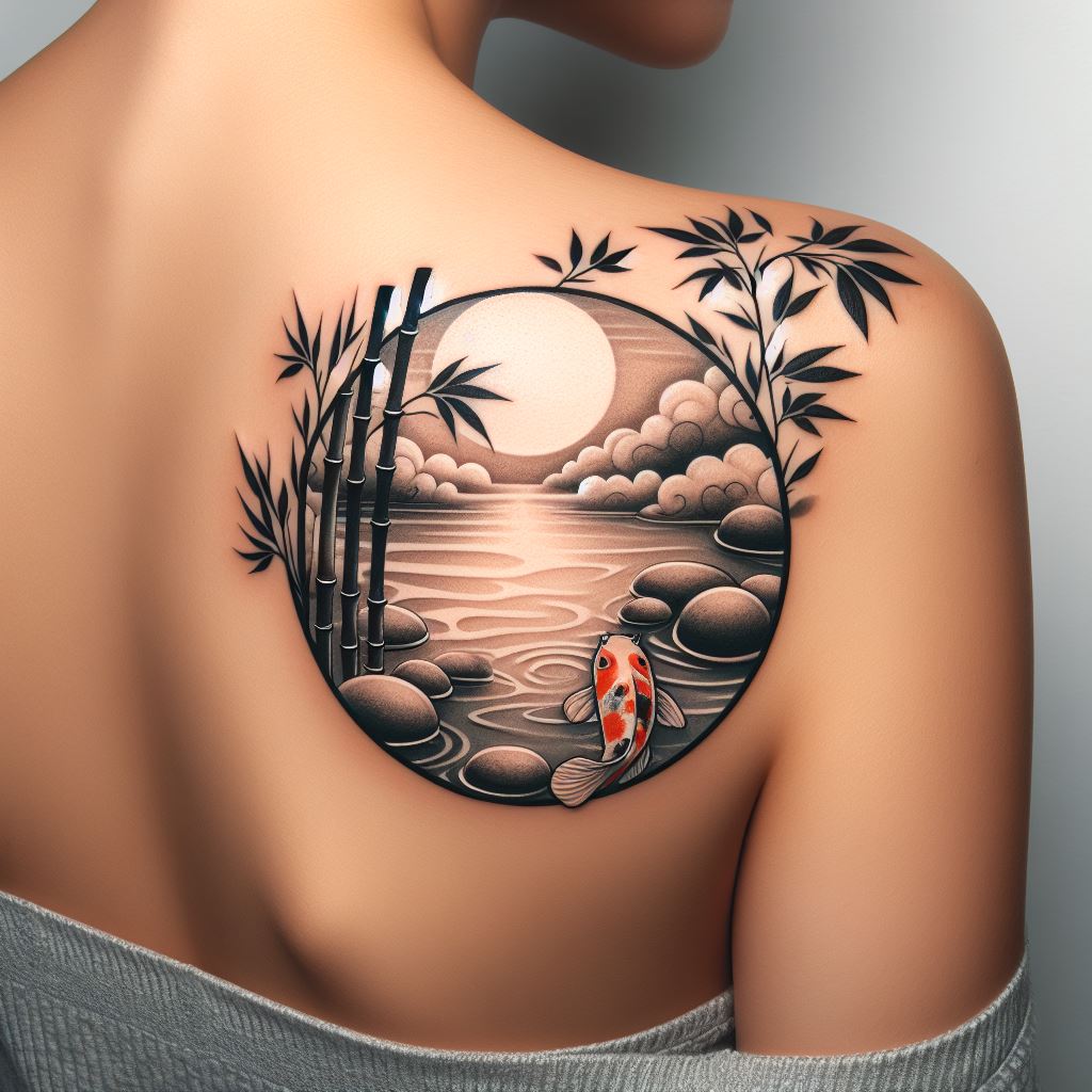 A peaceful, Zen garden-inspired tattoo, with elements like a calming koi pond, bamboo, and smooth stones, arranged in a minimalist style across the shoulder. This tattoo promotes tranquility and mindfulness, inviting the wearer and onlookers into a space of serene contemplation.