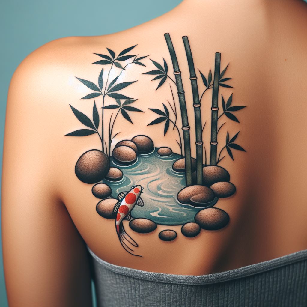 A peaceful, Zen garden-inspired tattoo, with elements like a calming koi pond, bamboo, and smooth stones, arranged in a minimalist style across the shoulder. This tattoo promotes tranquility and mindfulness, inviting the wearer and onlookers into a space of serene contemplation.