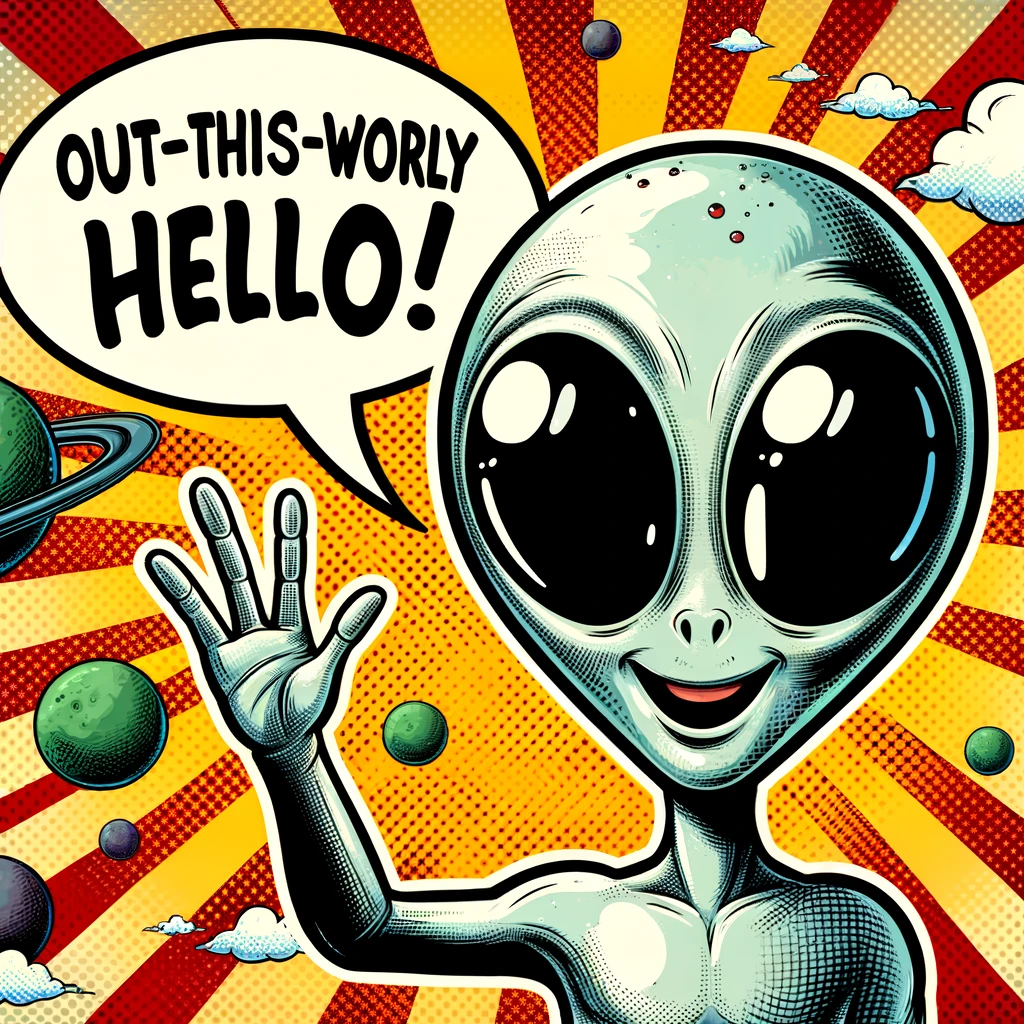 A comic-style image of a friendly alien waving, with the caption "Out-of-this-world hello!" in a quirky and imaginative style.
