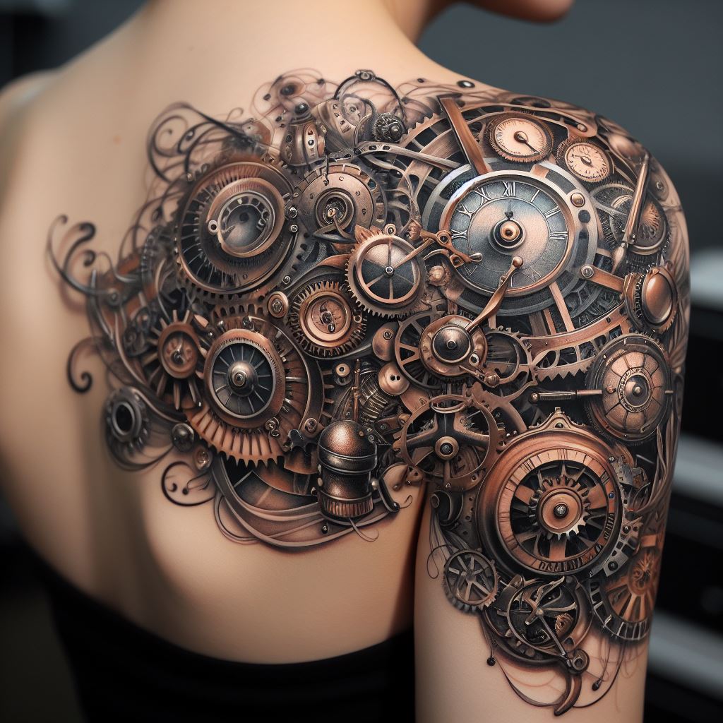 A tattoo that combines elements of Victorian innovation with steampunk fantasy, featuring gears, clocks, and mechanical devices intricately intertwined across the shoulder. This design celebrates the imaginative possibilities of steampunk culture, blending historical elements with futuristic visions.
