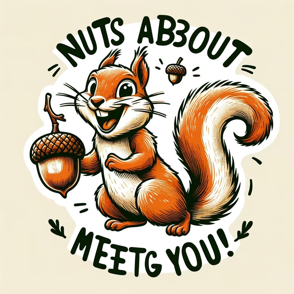 An illustration of a cheerful squirrel holding an acorn, with the caption "Nuts about meeting you!" in a playful and friendly style.