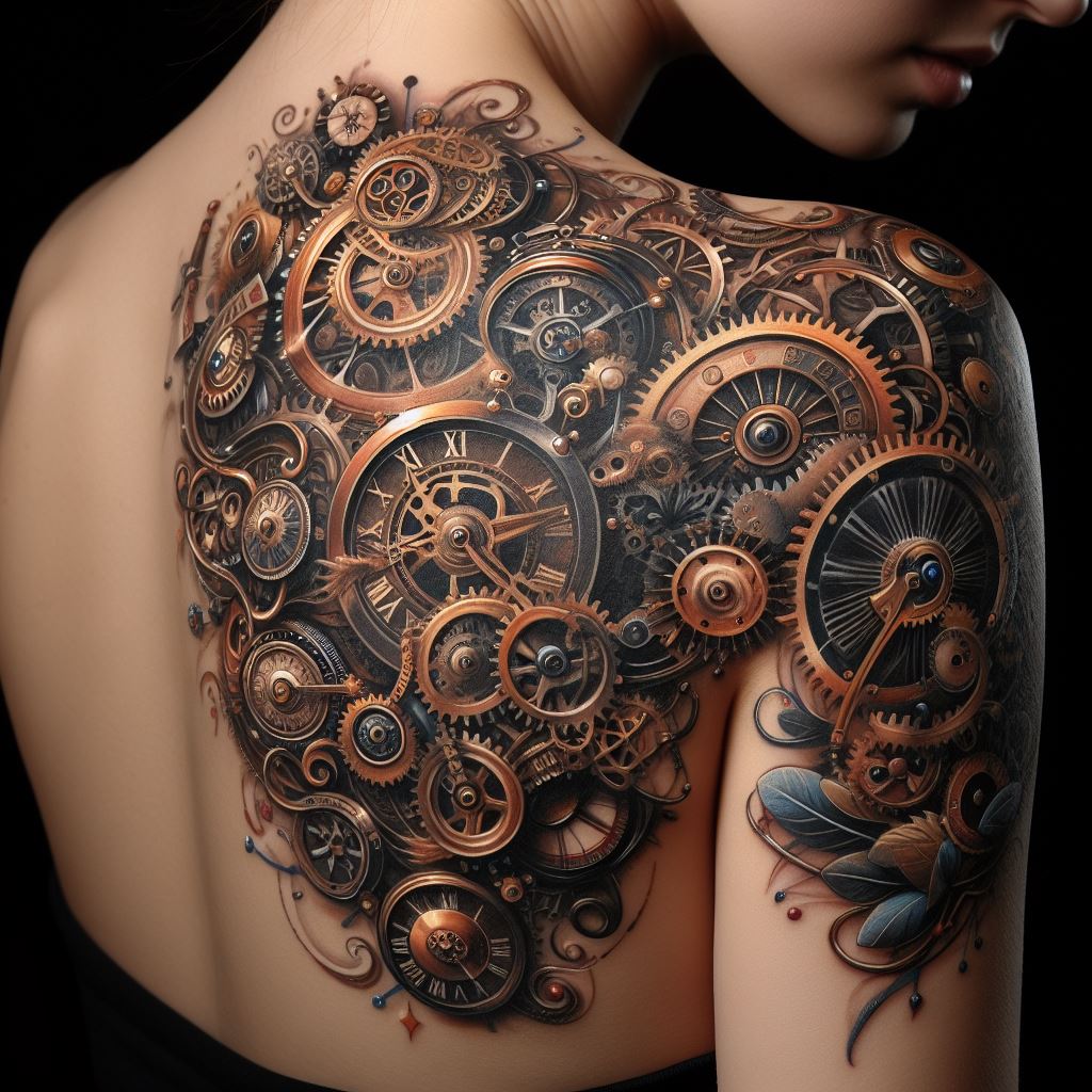 A tattoo that combines elements of Victorian innovation with steampunk fantasy, featuring gears, clocks, and mechanical devices intricately intertwined across the shoulder. This design celebrates the imaginative possibilities of steampunk culture, blending historical elements with futuristic visions.