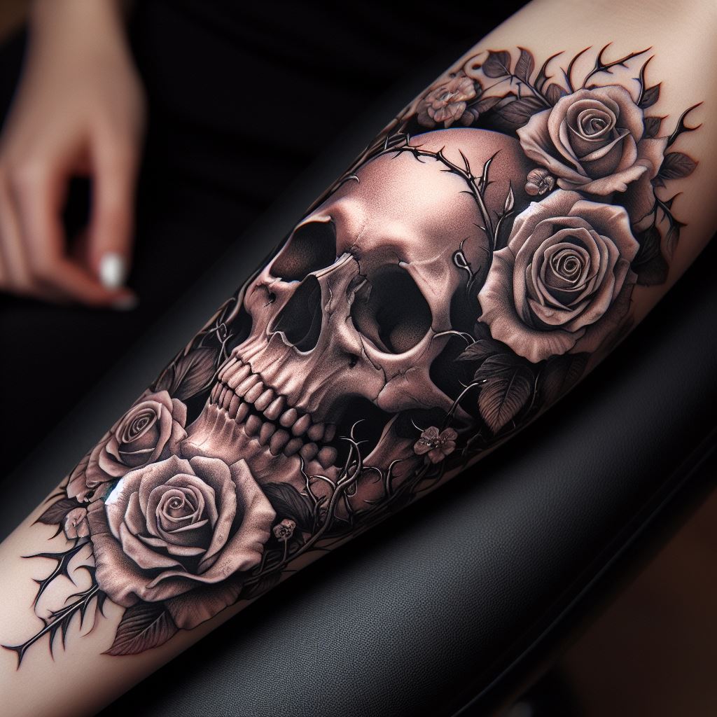 A tattoo of a floral skull design, blending roses and thorns intricately around and within the skull, positioned on the forearm, showcasing a balance between beauty and mortality.