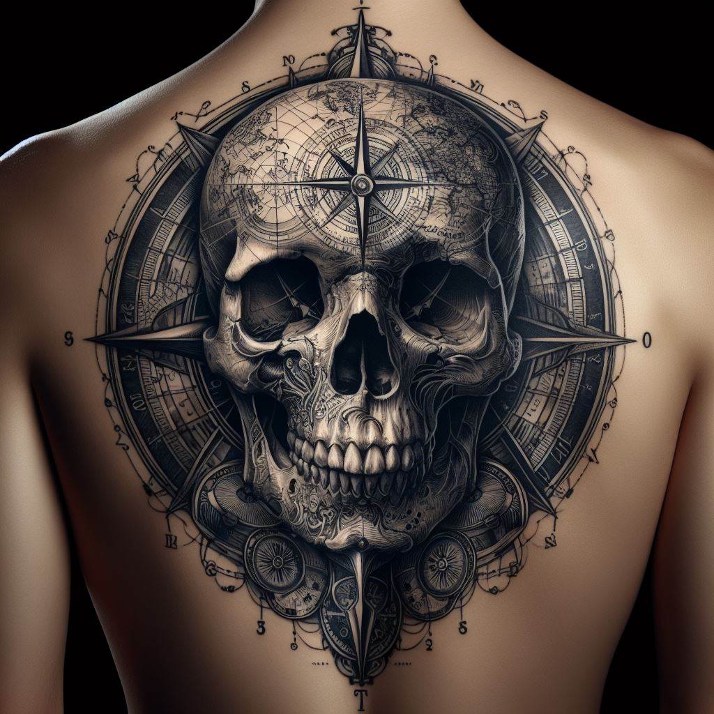 An intricate tattoo of a skull with a compass and map motifs, symbolizing guidance and adventure, placed prominently on the upper back, merging navigational elements with the starkness of the skull.
