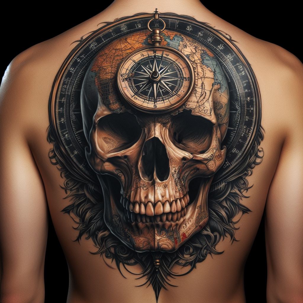 An intricate tattoo of a skull with a compass and map motifs, symbolizing guidance and adventure, placed prominently on the upper back, merging navigational elements with the starkness of the skull.