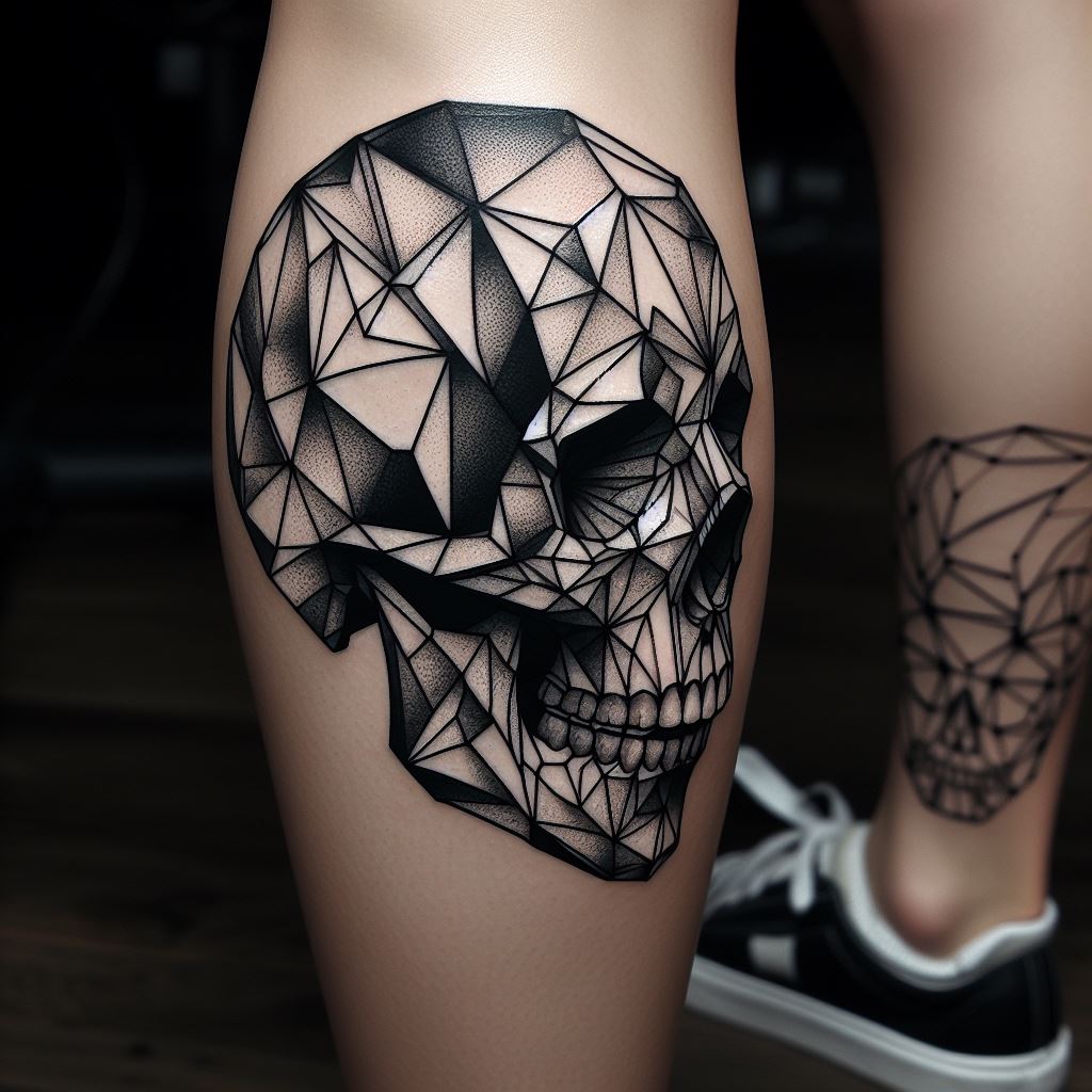 A tattoo featuring a geometric skull, composed of sharp lines and crystal-like facets, creating a modern and abstract interpretation, positioned on the calf, reflecting a fusion of art and edginess.