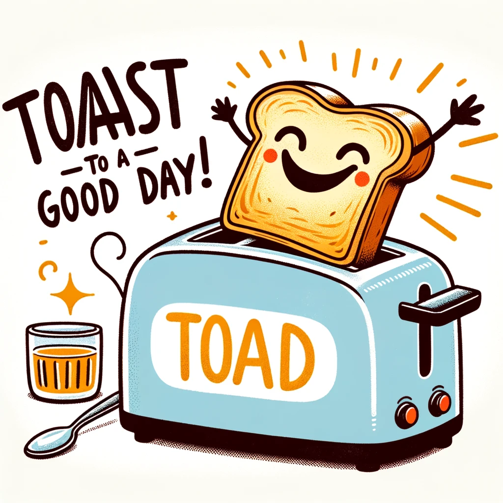 A humorous illustration of a piece of toast with a smiley face, jumping out of a toaster with the caption "Toast to a good day!" in a fun and cheerful style.