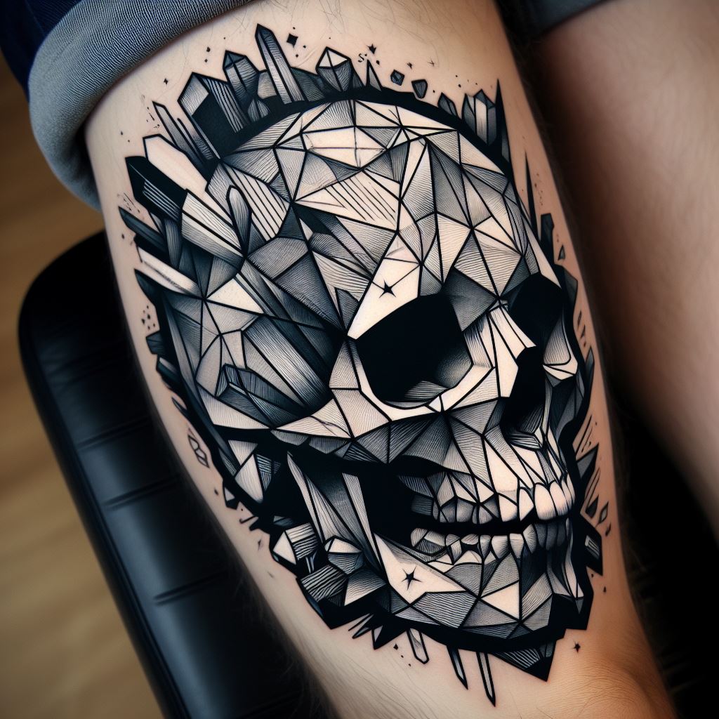A tattoo featuring a geometric skull, composed of sharp lines and crystal-like facets, creating a modern and abstract interpretation, positioned on the calf, reflecting a fusion of art and edginess.