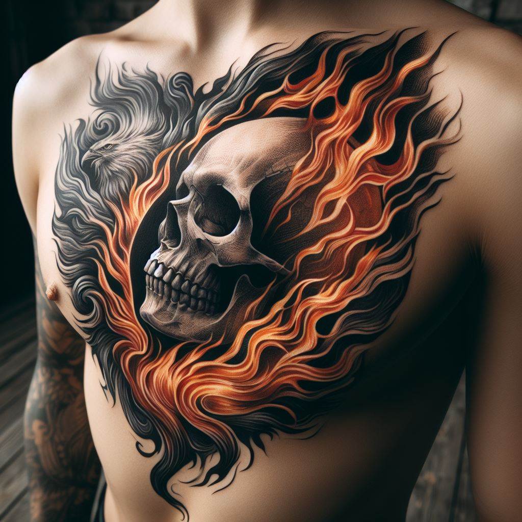 An artistic tattoo of a skull enveloped by flames, representing resilience and rebirth, situated on the chest, with the flames wrapping around to the shoulders, creating a dynamic and powerful image.