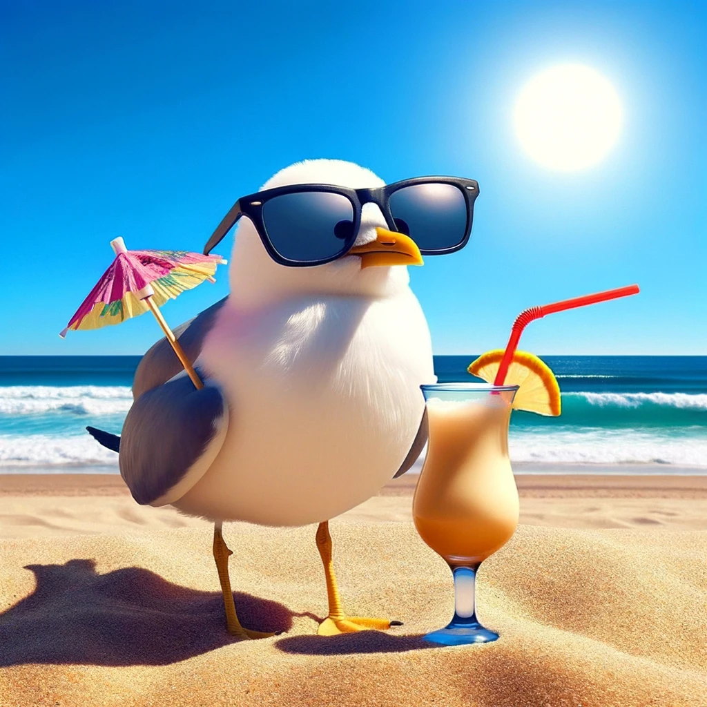 A sandy beach under a clear blue sky, with waves gently crashing onto the shore. In the foreground, a seagull is wearing sunglasses and holding a small cocktail umbrella. The caption reads: "When you're more beach ready than summer itself."