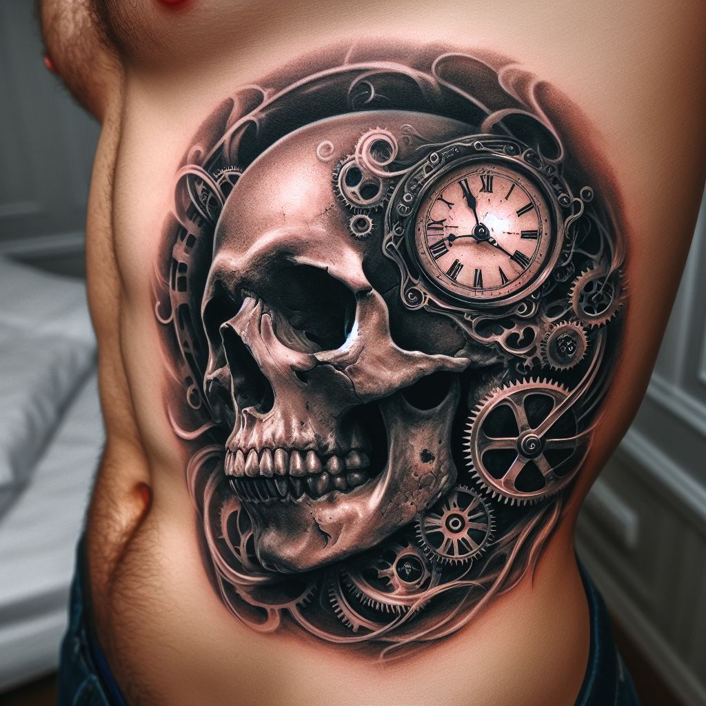 A tattoo of a skull intertwined with a clock and gears, symbolizing the passage of time and the mechanical nature of life, placed on the side of the torso, blending realism with symbolic elements.