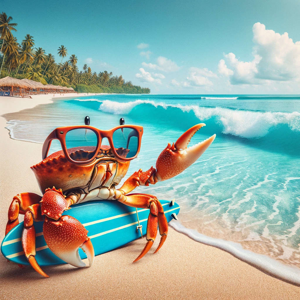 A panoramic view of a tropical beach with crystal clear water. A crab wearing sunglasses and holding a surfboard stands on the sand, looking out to the sea. The caption reads: "Just crabbing around, waiting for the waves."