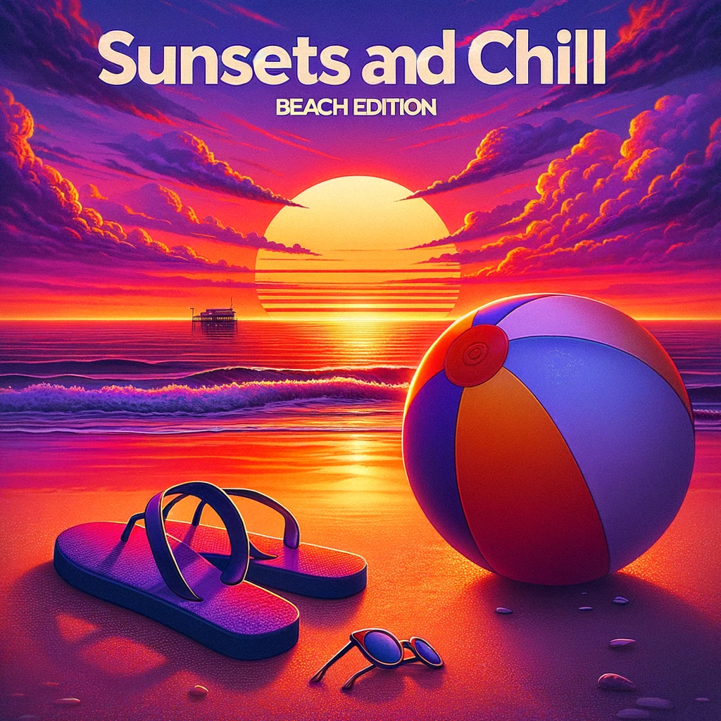 A beach scene at sunset with vibrant orange and purple hues in the sky. In the foreground, a pair of flip flops with a beach ball next to them. The caption reads: "Sunsets and chill: Beach edition."