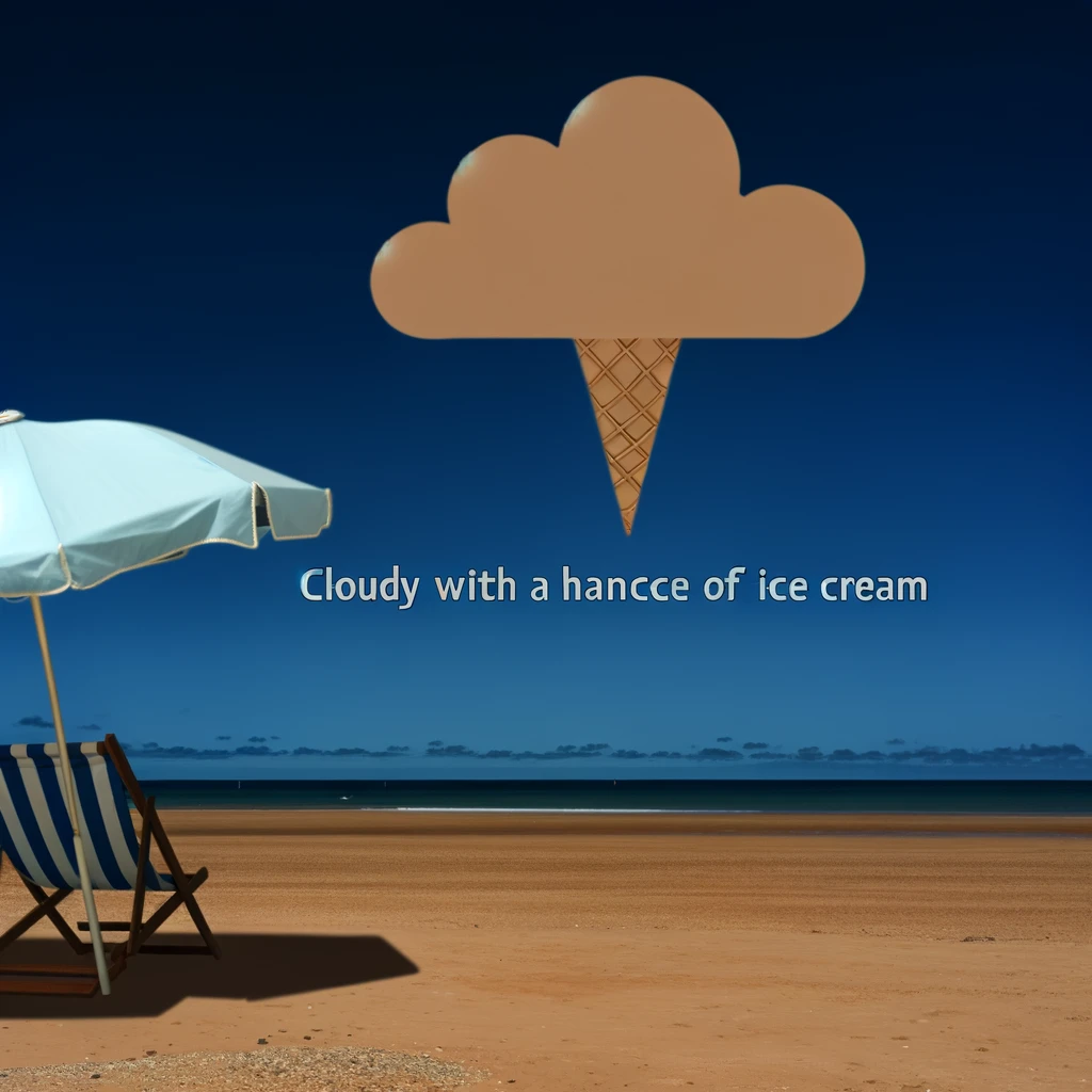 An image of a sun lounger and a parasol on a deserted beach, with a single cloud in the sky shaped like an ice cream cone. The caption reads: "Cloudy with a chance of ice cream."
