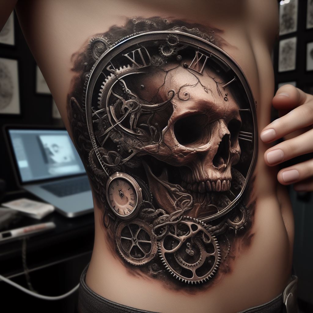 A tattoo of a skull intertwined with a clock and gears, symbolizing the passage of time and the mechanical nature of life, placed on the side of the torso, blending realism with symbolic elements.