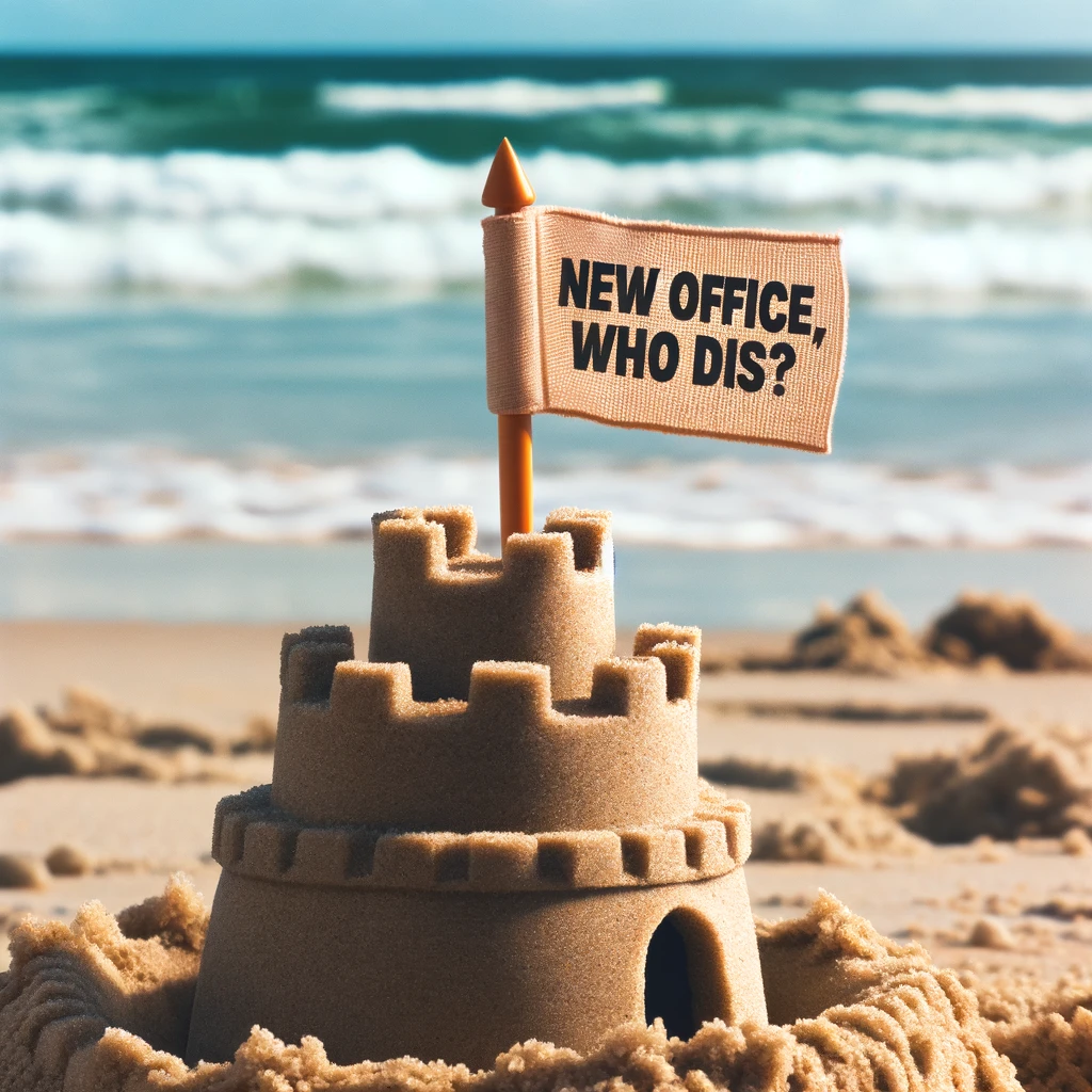 A close-up of a sandcastle on a beach, with a tiny flag on top that reads "Office". In the background, the ocean waves can be seen. The caption reads: "New office location, who dis?"
