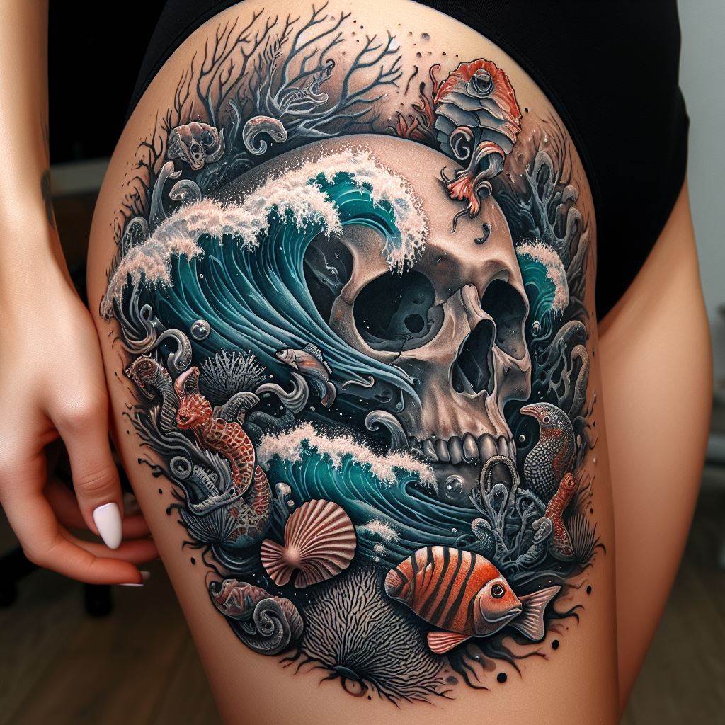 An underwater-themed tattoo of a skull surrounded by coral, fish, and sea waves, positioned on the thigh, illustrating the depth and mystery of the ocean intertwined with the concept of mortality.