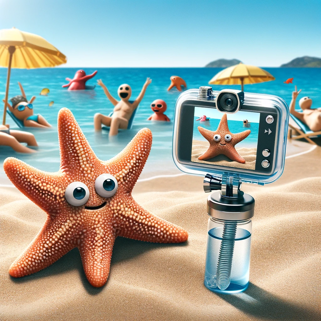 A humorous scene of a starfish taking a selfie with a waterproof camera, on a sunny beach. In the background, other sea creatures can be seen sunbathing. The caption reads: "Starfish influencer life."