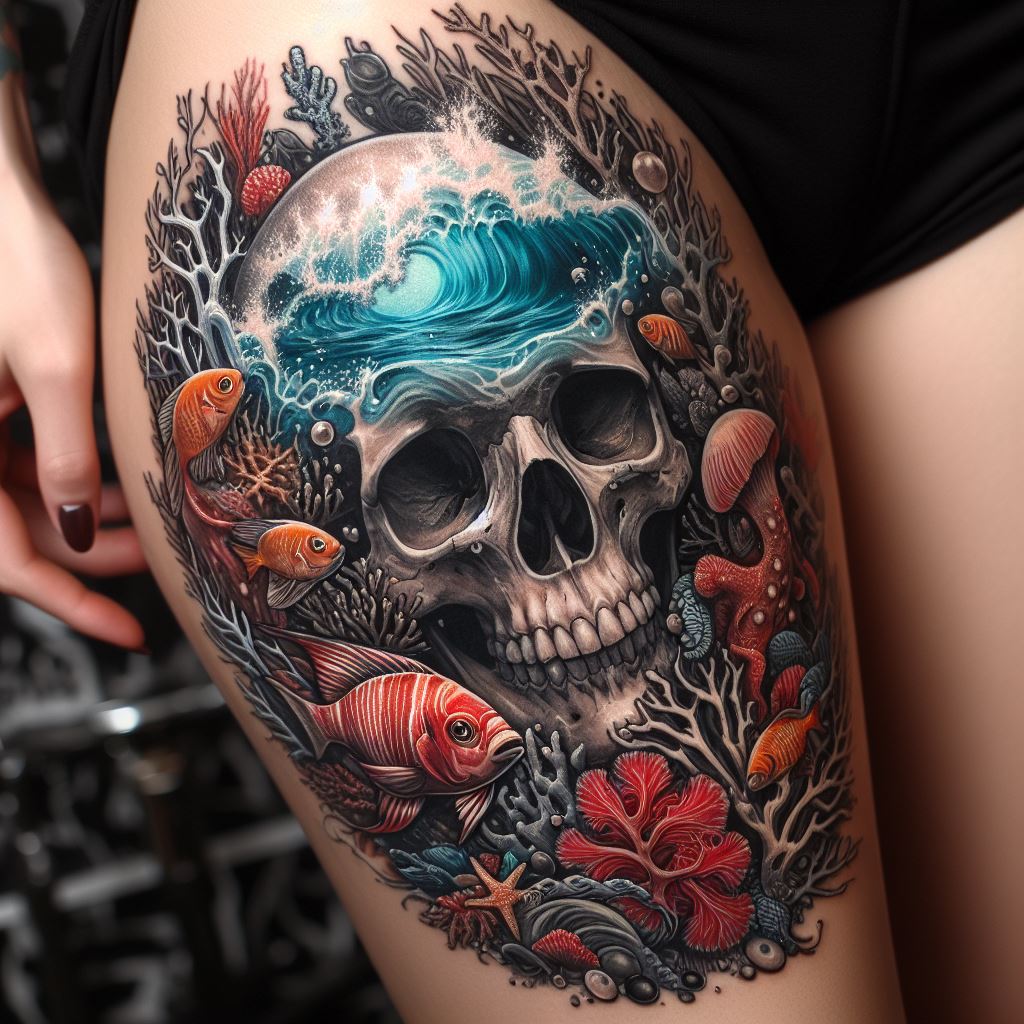 An underwater-themed tattoo of a skull surrounded by coral, fish, and sea waves, positioned on the thigh, illustrating the depth and mystery of the ocean intertwined with the concept of mortality.