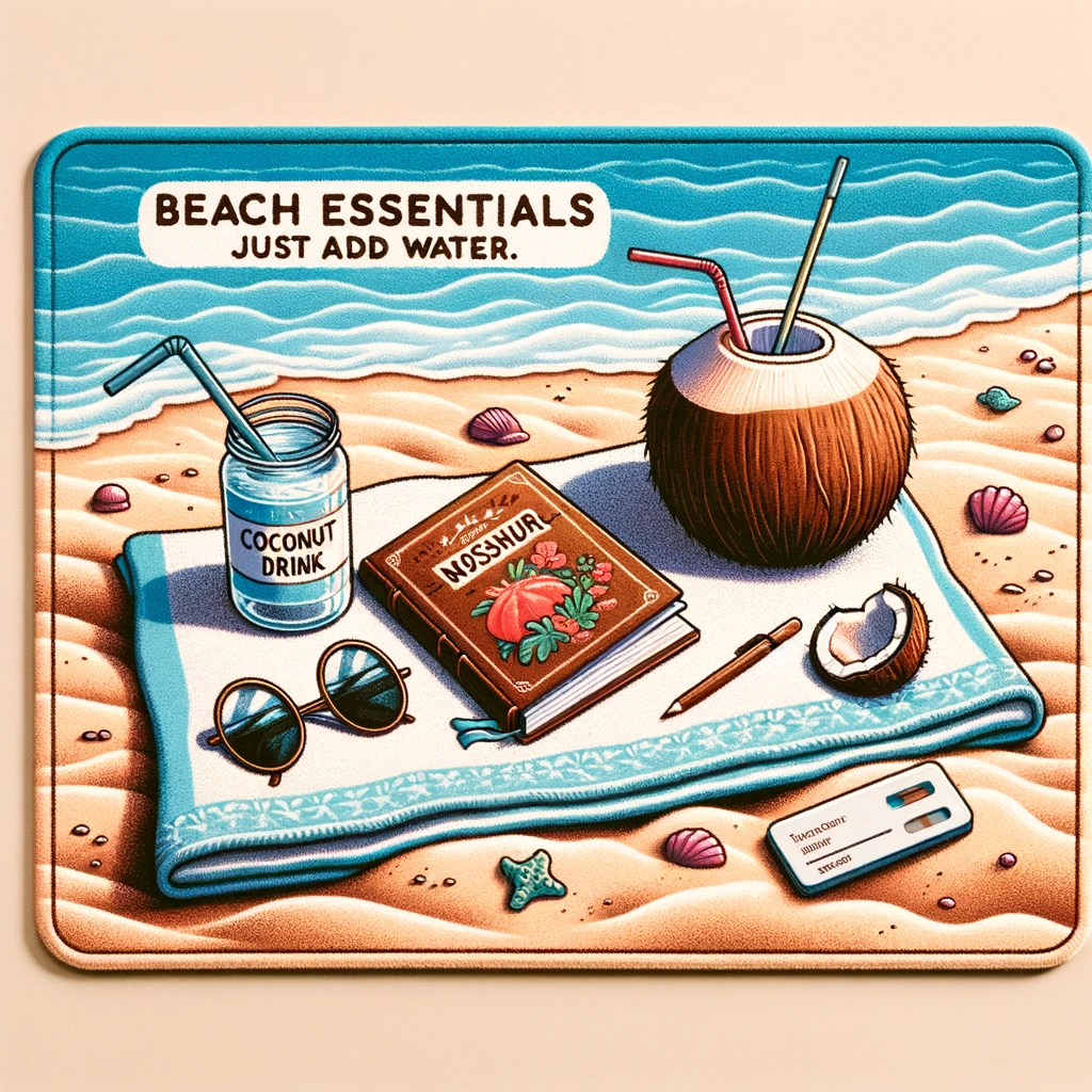 An illustration of a beach towel laid out on the sand, with a book and sunglasses on top. Nearby, a coconut drink with a straw. The caption reads: "Beach essentials: Just add water."