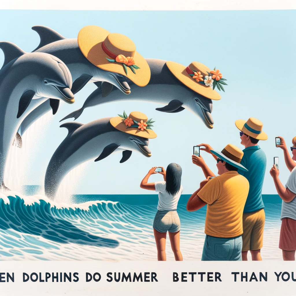 A whimsical image of a group of dolphins jumping over waves, with one wearing a sun hat and sunglasses. On the beach, amused tourists are snapping photos. The caption reads: "When dolphins do summer better than you."