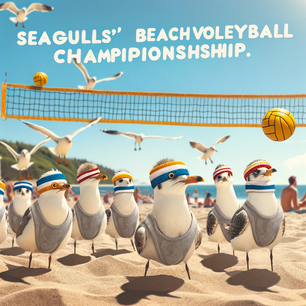 A funny scene on a sunny beach where a group of seagulls are having a beach volleyball match, wearing tiny sports headbands. The caption reads: "Seagulls' Beach Volleyball Championship."
