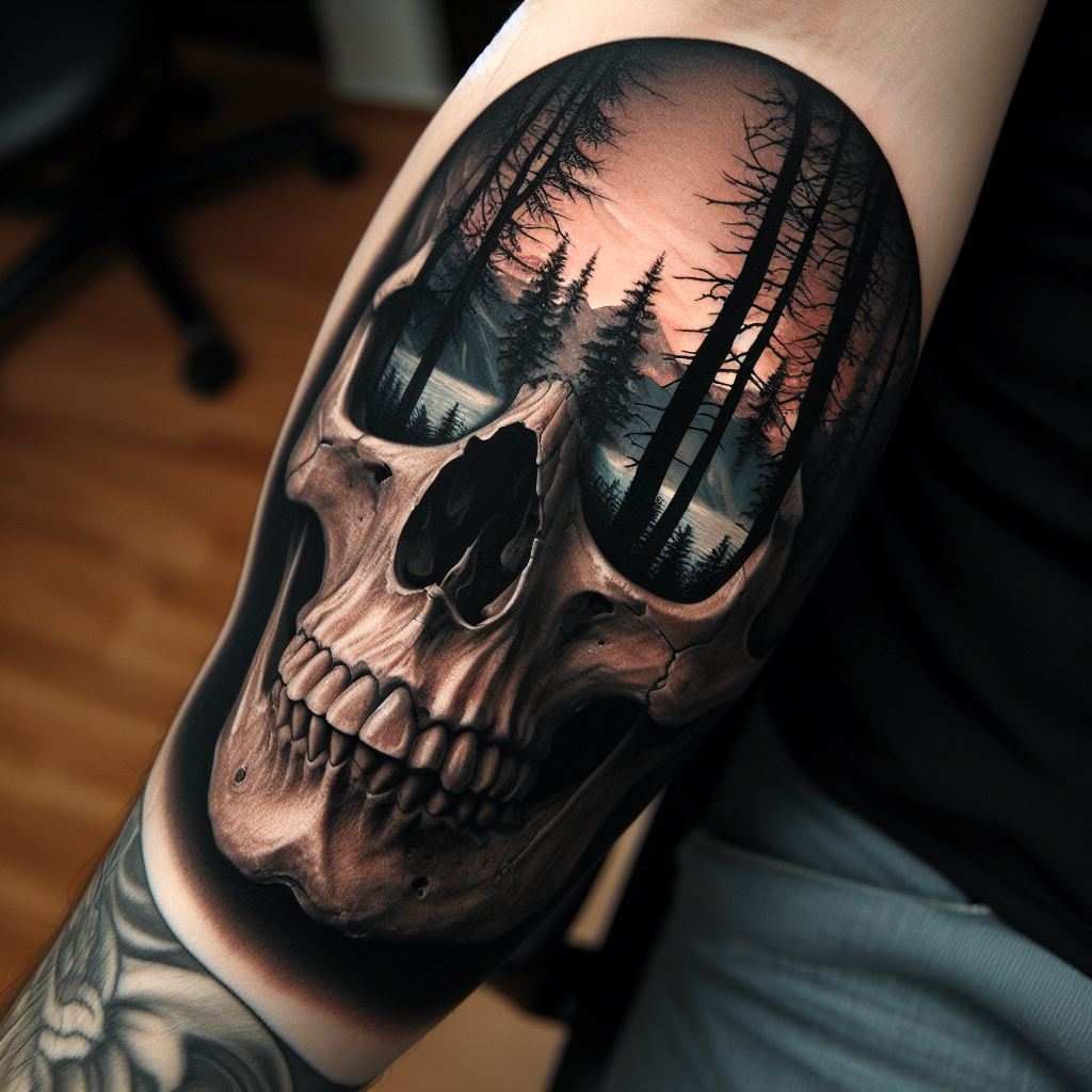 A tattoo of a skull merged with a forest scene, where the eye sockets serve as windows to a wooded landscape, located on the arm, blending natural beauty with the symbolic depth of the skull.