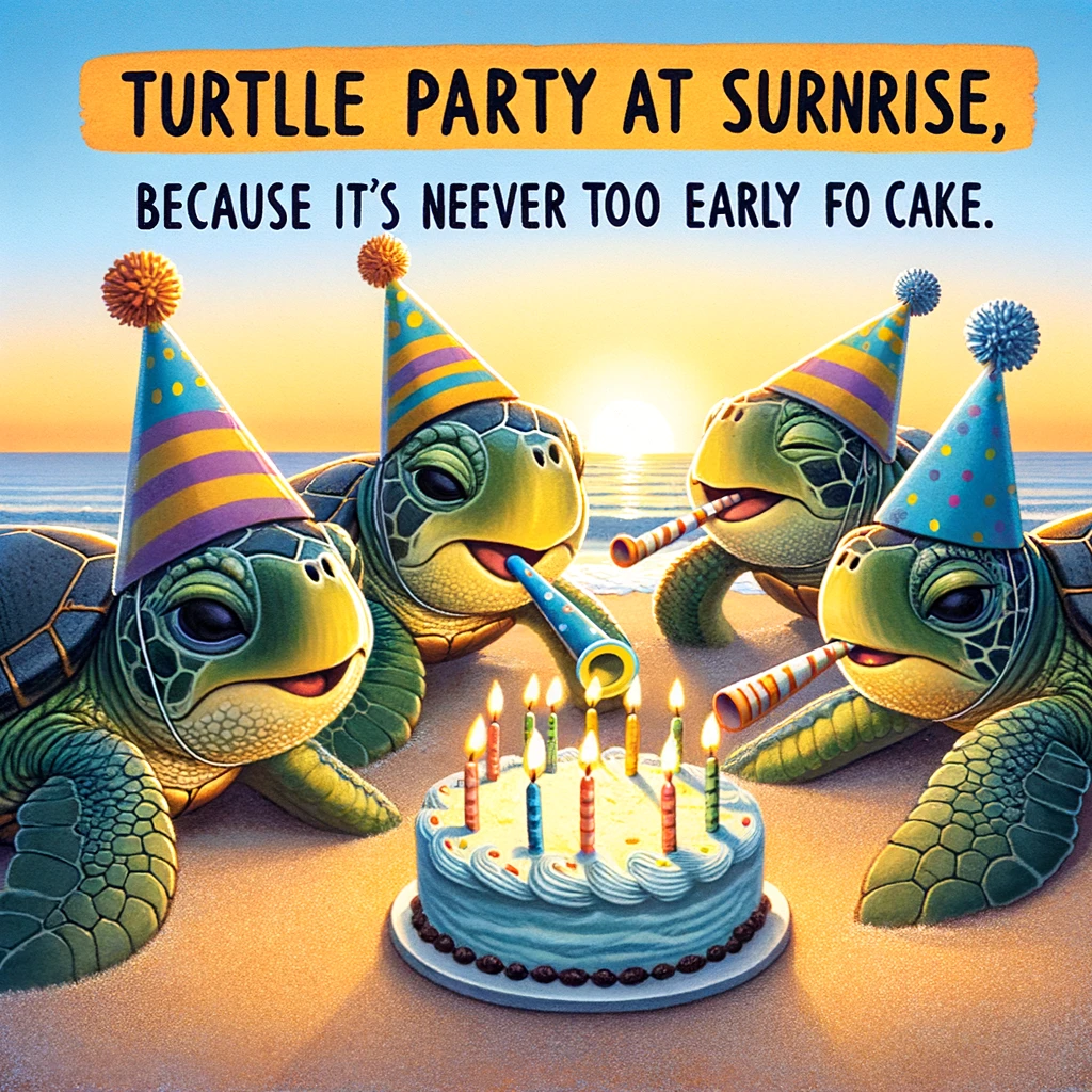 On a beach at dawn, a group of turtles wearing party hats and blowing party horns, celebrating a turtle's birthday. The caption reads: "Turtle party at sunrise, because it's never too early for cake."