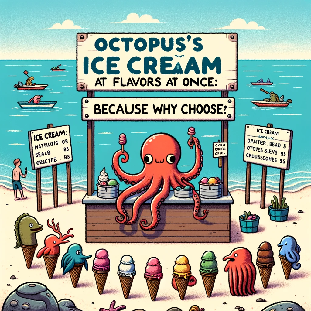 A beach scene where an octopus is serving ice cream from a small stall to a line of marine creatures. The caption reads: "Octopus's Ice Cream Stand: Eight flavors at once, because why choose?"