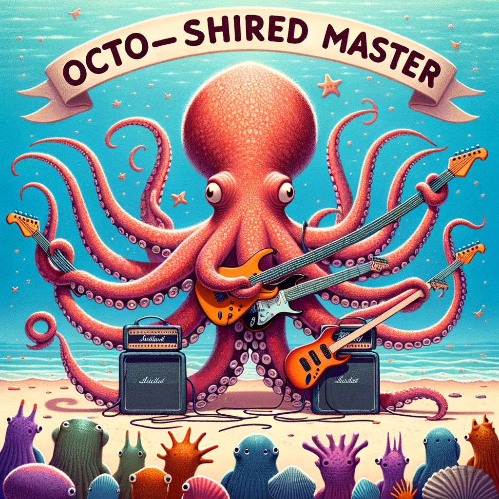 A whimsical image of an octopus playing multiple guitars at once, with a captivated audience of sea creatures, captioned, "Octo-shred master."