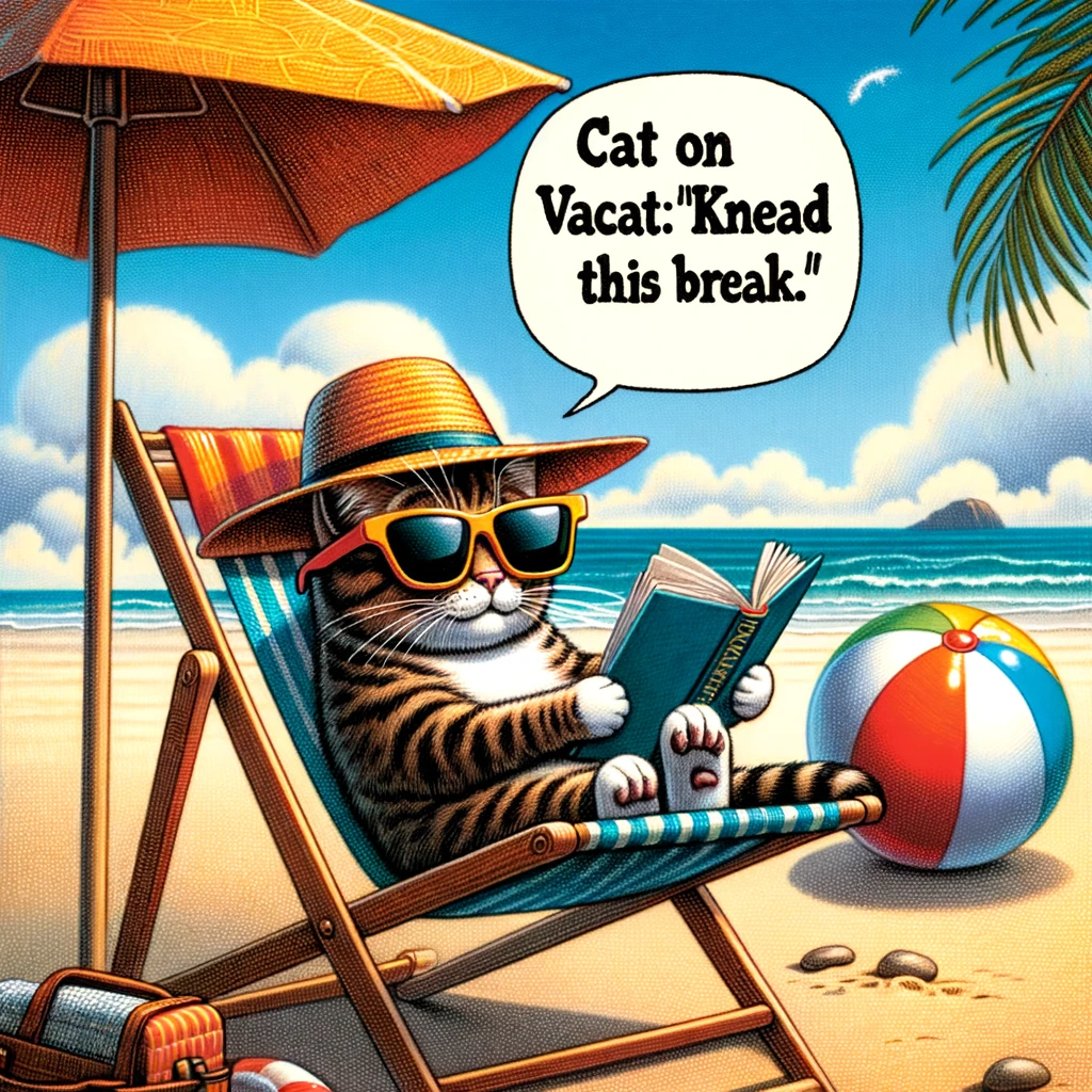 A humorous scene of a cat lounging on a beach chair under an umbrella, wearing sunglasses and reading a novel. In the background, the ocean and a beach ball. The caption reads: "Cat on vacation: 'I knead this break.'"