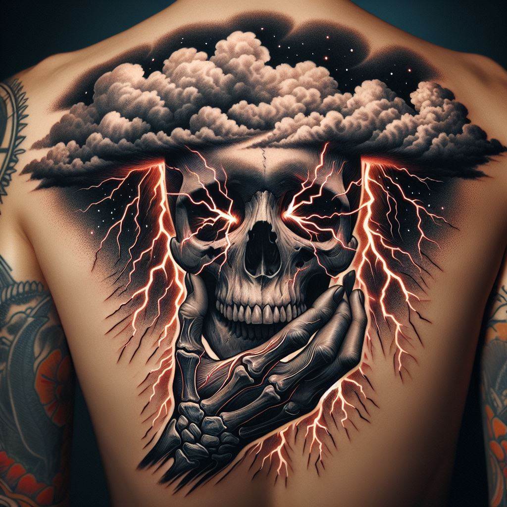 An electric tattoo of a skull with lightning bolts for eyes and storm clouds above, placed on the back of the hand, symbolizing power, energy, and the unpredictable nature of existence.