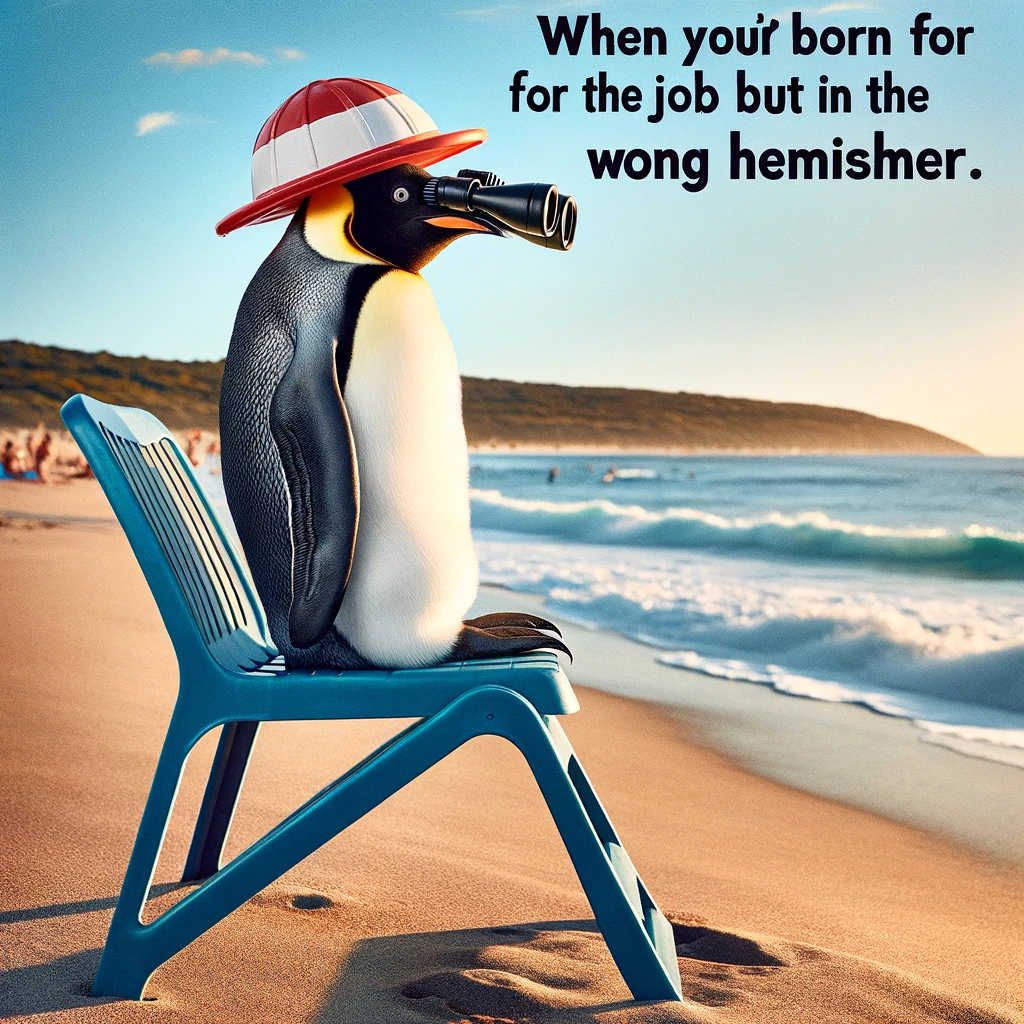 An amusing image of a penguin dressed as a lifeguard, sitting on a high chair on the beach, scanning the sea with binoculars. The caption reads: "When you're born for the job but in the wrong hemisphere."