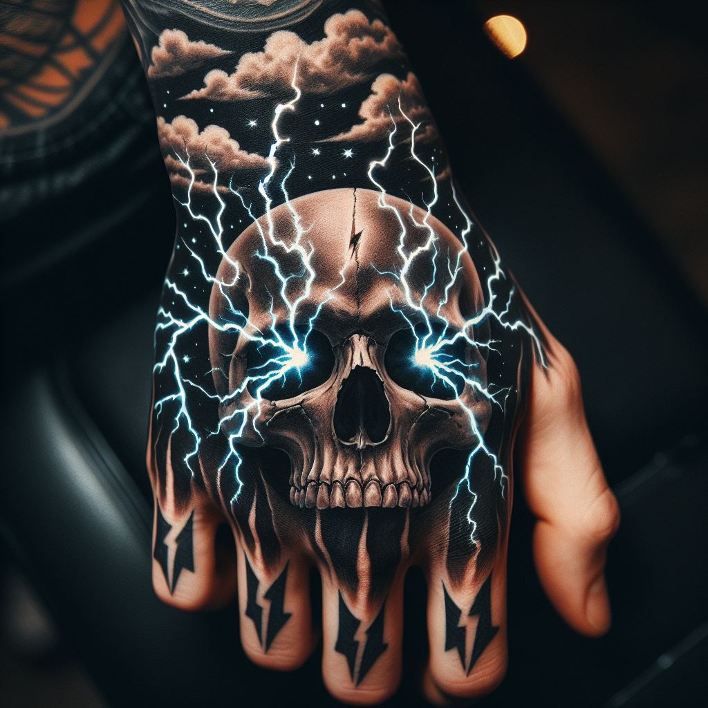 An electric tattoo of a skull with lightning bolts for eyes and storm clouds above, placed on the back of the hand, symbolizing power, energy, and the unpredictable nature of existence.