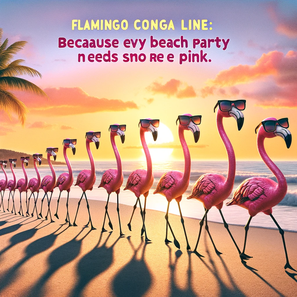 A quirky scene with a group of flamingos forming a conga line on the beach, with sunglasses on. The sunset creates a beautiful backdrop. The caption reads: "Flamingo conga line: because every beach party needs more pink."