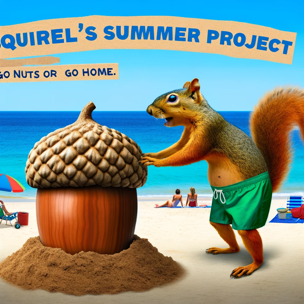 A comical scene of a squirrel in swim shorts, building a gigantic acorn sand sculpture on the beach. The ocean and beachgoers can be seen in the background. The caption reads: "Squirrel's summer project: Go nuts or go home."