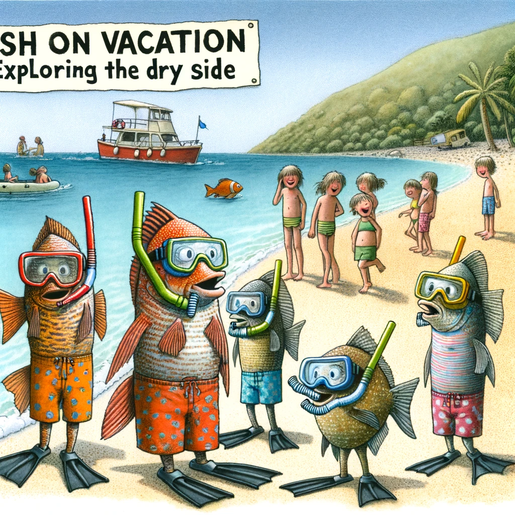 A playful image of a group of fish wearing snorkels and fins, snorkeling near the shore, with amused children watching from the beach. The caption reads: "Fish on vacation: Exploring the dry side."