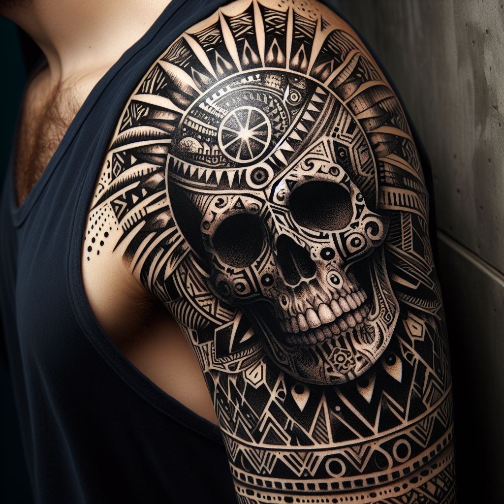 A tattoo of a skull adorned with traditional tribal patterns, positioned on the upper arm, combining the raw essence of ancient cultures with the universal symbol of death.